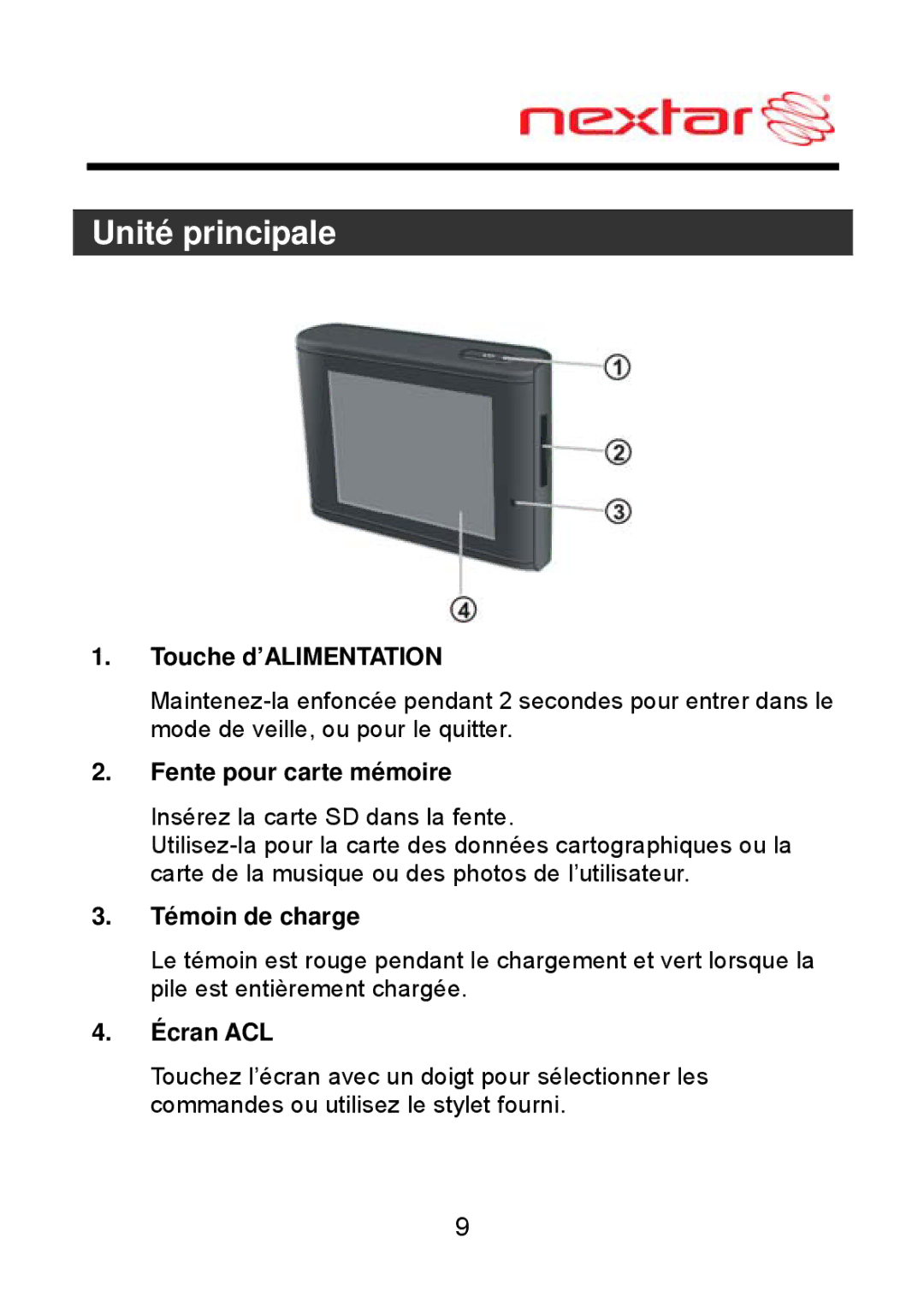 Nextar ME09EH, MEFH01 manual Unité principale, Touche d’ALIMENTATION, Fente pour carte mémoire, Témoin de charge, Écran ACL 