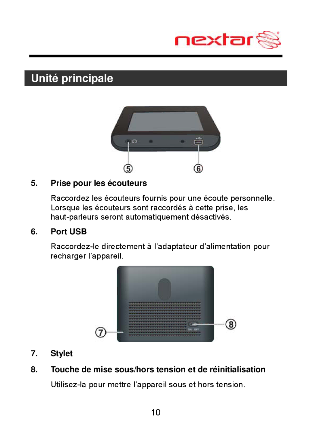 Nextar MEFH01, ME09EH manual Prise pour les écouteurs, Port USB, Stylet 