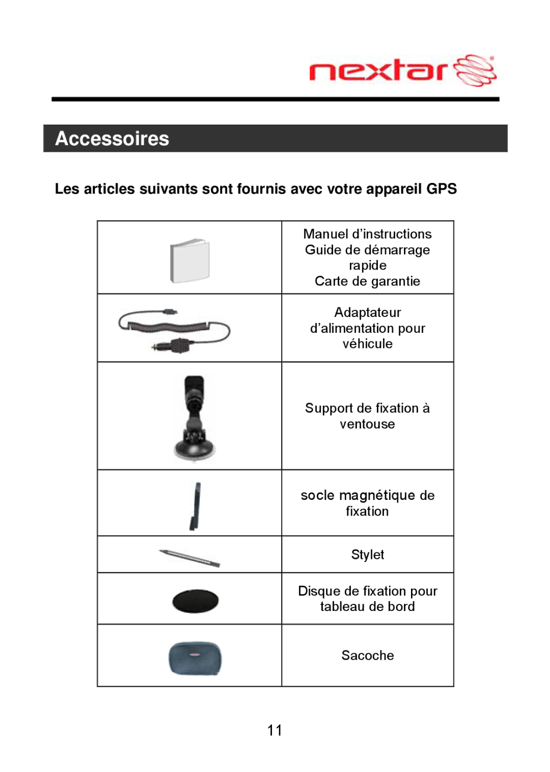 Nextar ME09EH, MEFH01 manual Accessoires, Les articles suivants sont fournis avec votre appareil GPS 