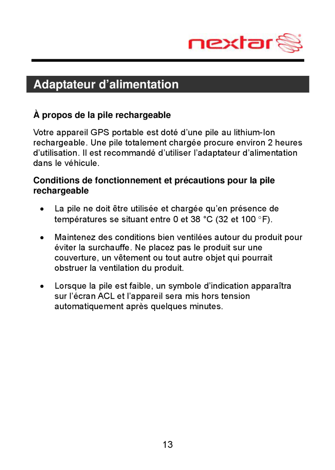 Nextar ME09EH, MEFH01 manual Propos de la pile rechargeable 