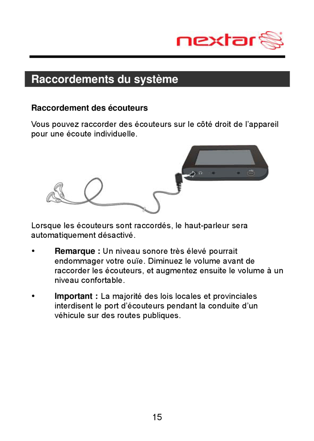 Nextar ME09EH, MEFH01 manual Raccordement des écouteurs 