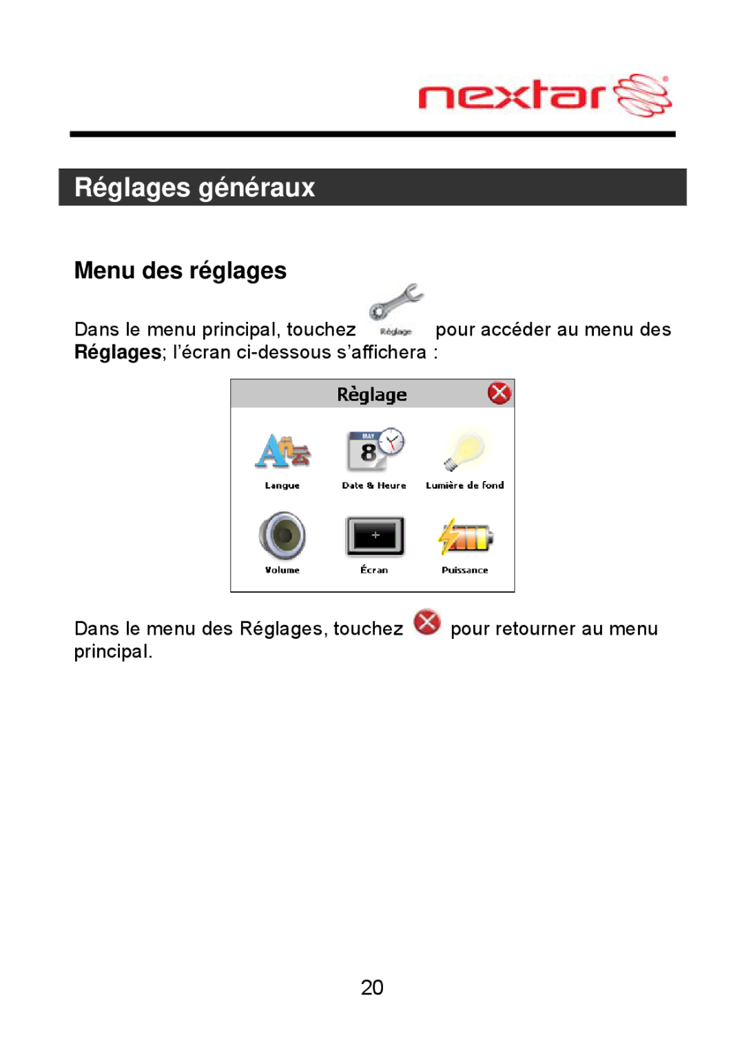 Nextar MEFH01, ME09EH manual Menu des réglages 