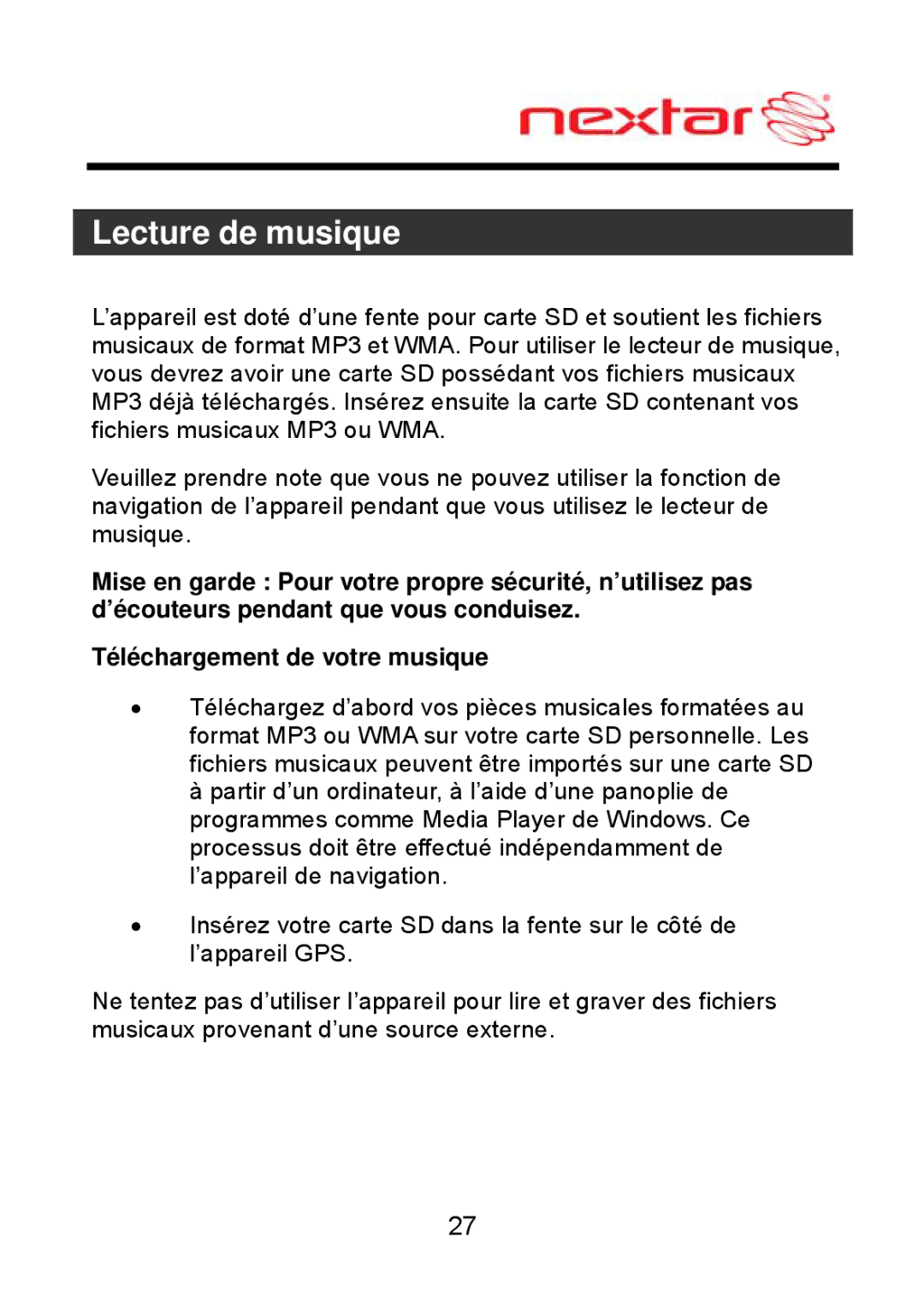 Nextar ME09EH, MEFH01 manual Lecture de musique 