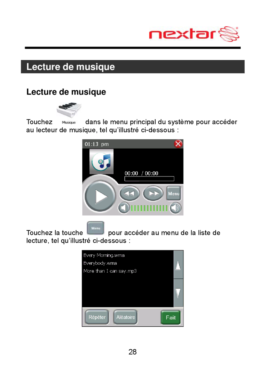 Nextar MEFH01, ME09EH manual Lecture de musique 