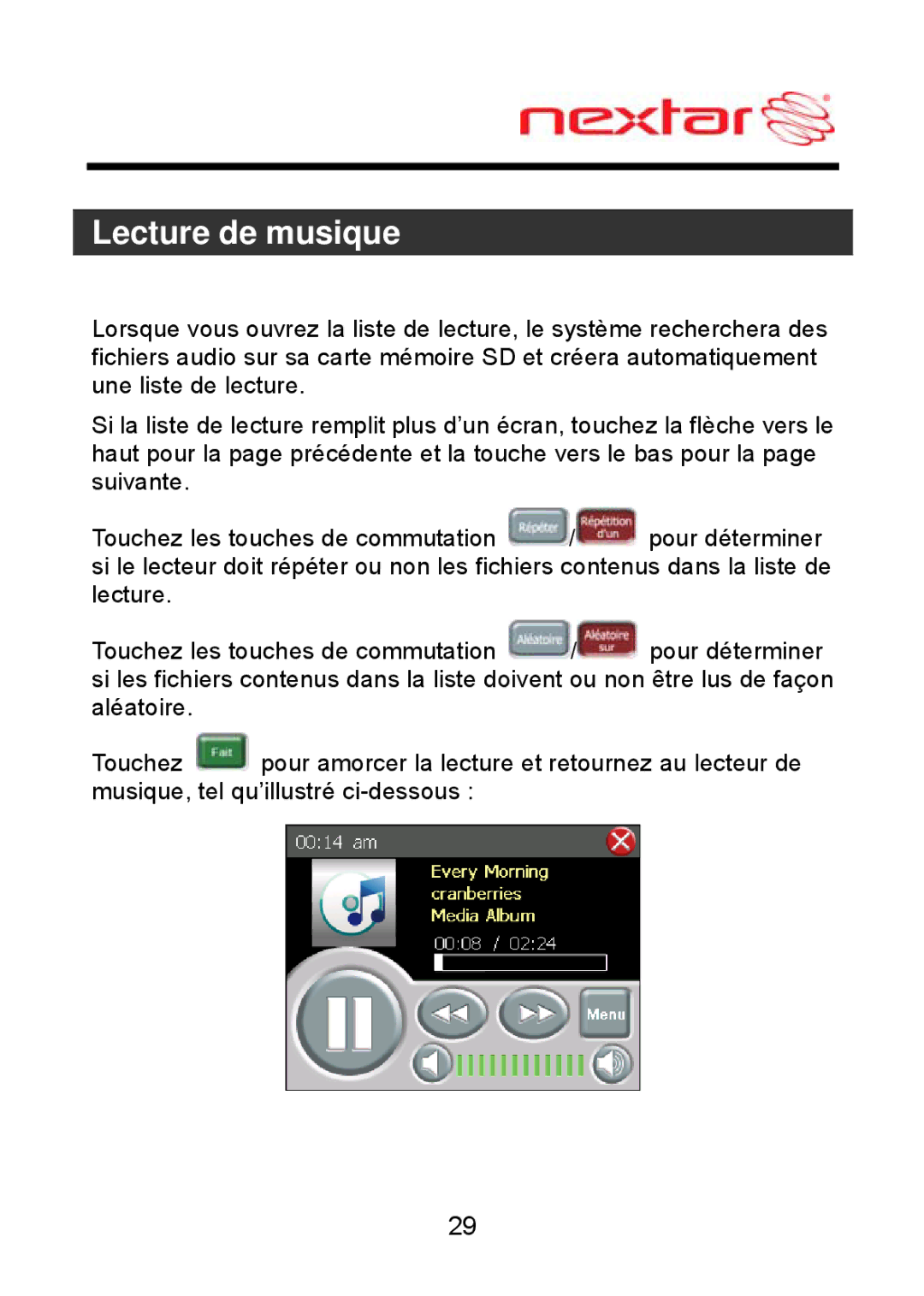 Nextar ME09EH, MEFH01 manual Lecture de musique 