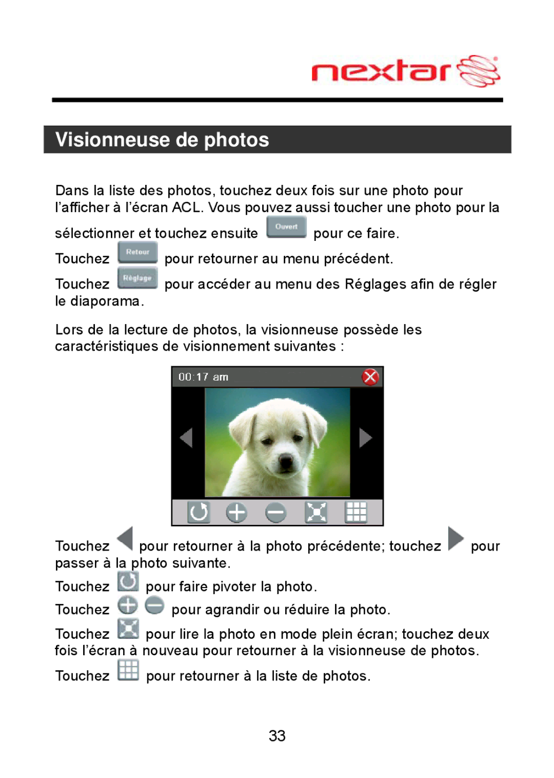 Nextar ME09EH, MEFH01 manual Touchez pour retourner à la liste de photos 