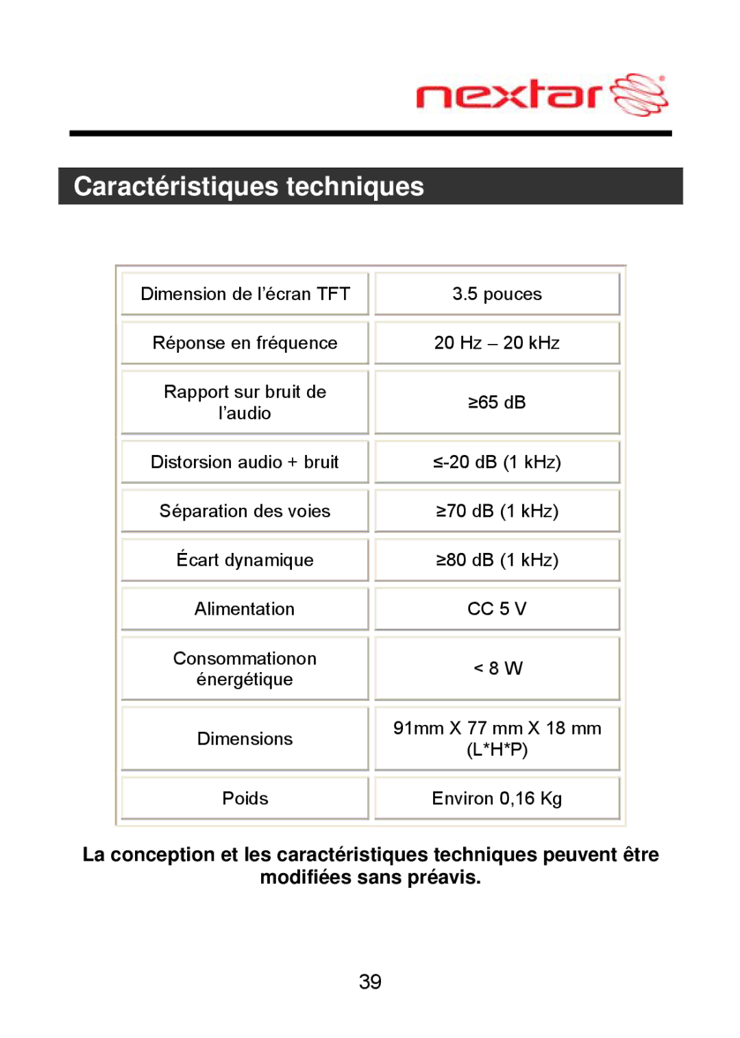 Nextar ME09EH, MEFH01 manual Caractéristiques techniques 