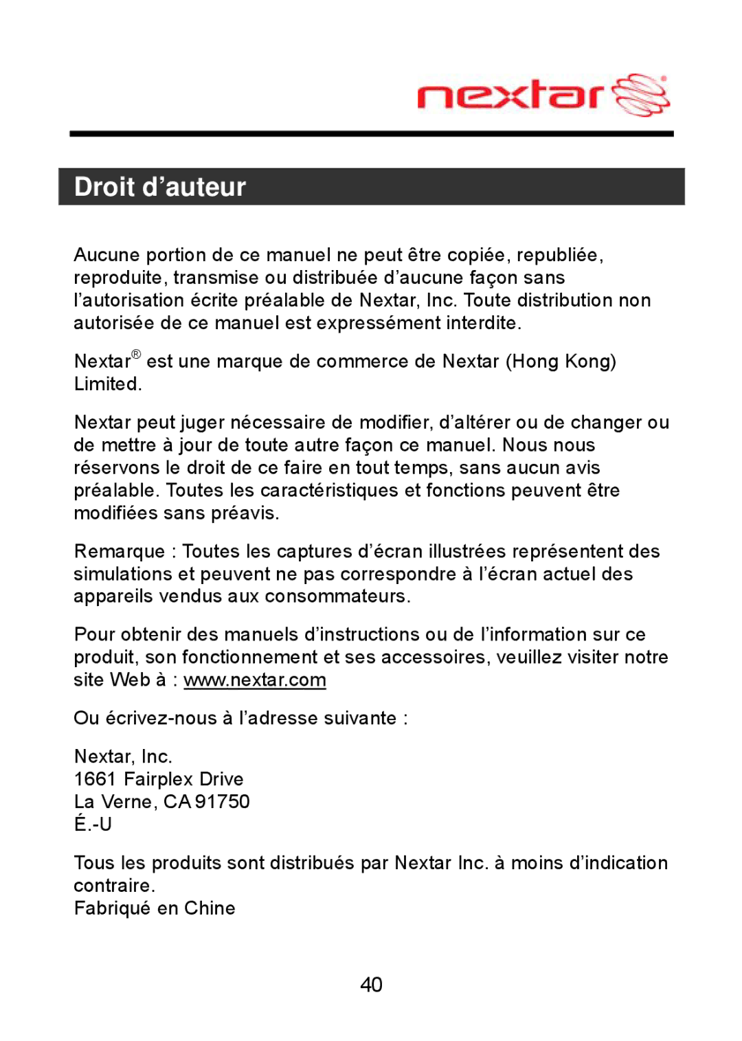 Nextar MEFH01, ME09EH manual Droit d’auteur 