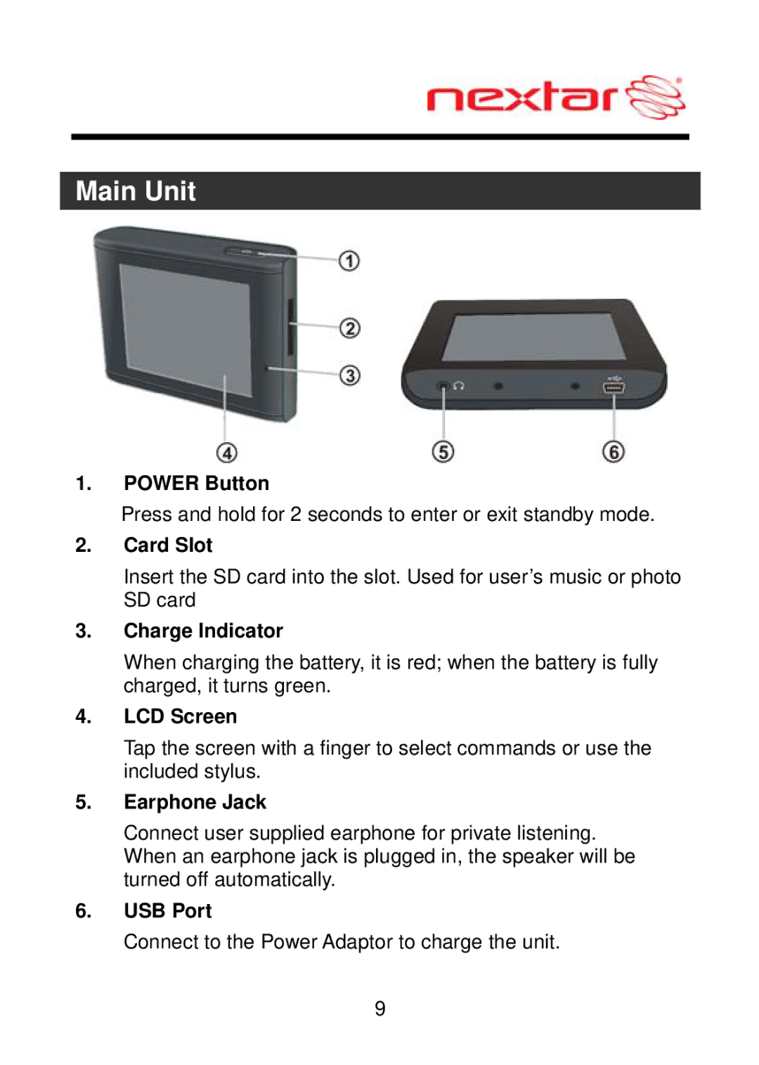 Nextar MEFH01, ME09EH manual Main Unit 