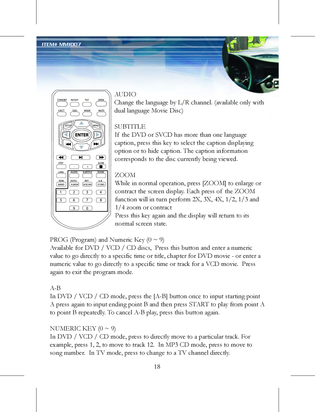 Nextar MM1007 instruction manual Audio, Subtitle, Zoom, Numeric KEY 0 ~ 