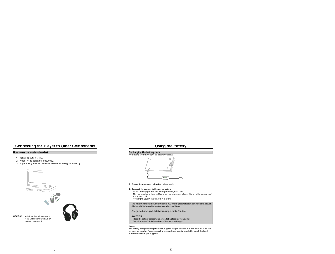 Nextar MP907 user manual Using the Battery, How to use the wireless headset, Recharging the battery pack 