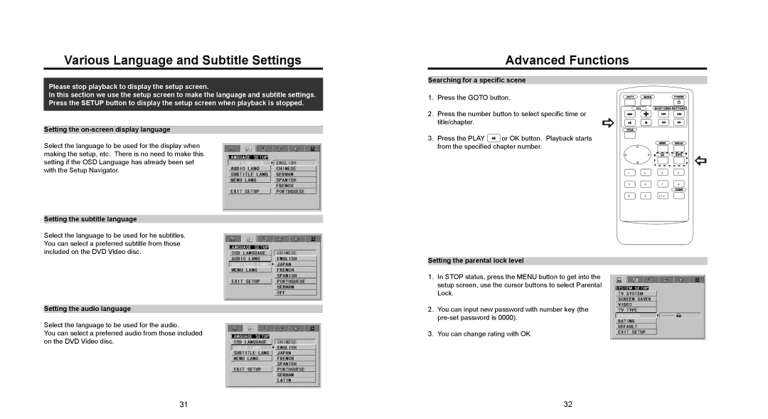 Nextar MP907 user manual Various Language and Subtitle Settings Advanced Functions, Setting the on-screen display language 