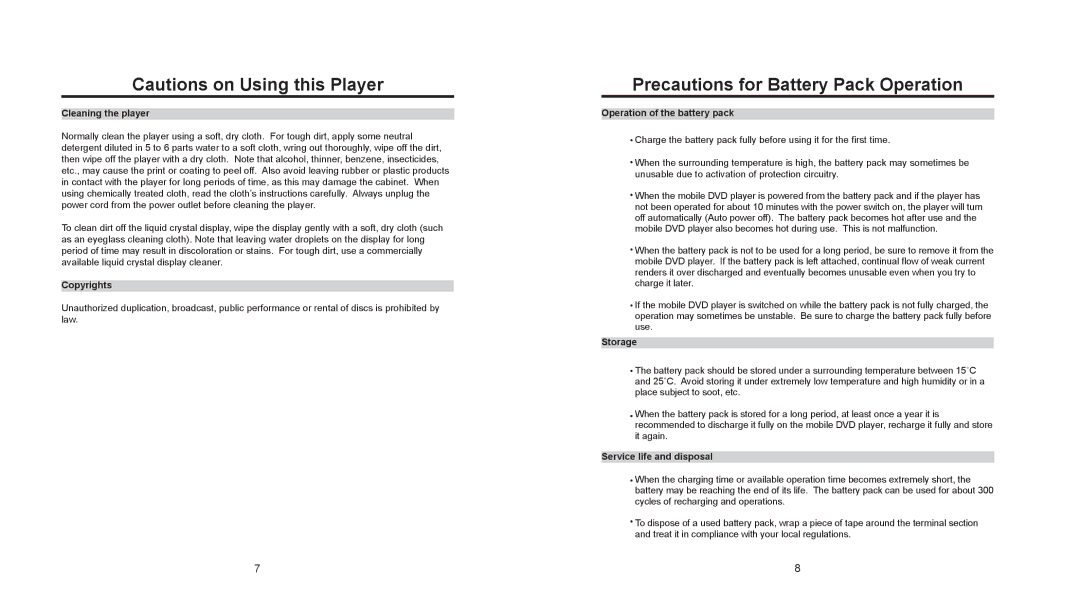 Nextar MP907 user manual Precautions for Battery Pack Operation 