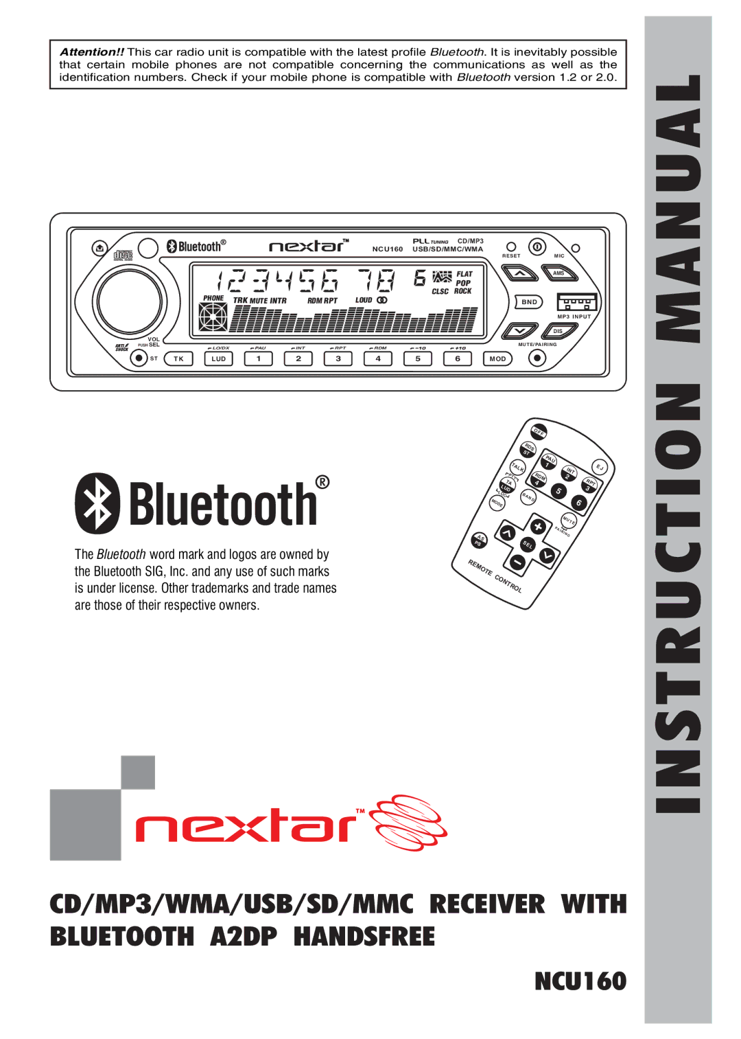 Nextar N CU 160 instruction manual CD/MP3/WMA/USB/SD/MMC Receiver with Bluetooth A2DP Handsfree 