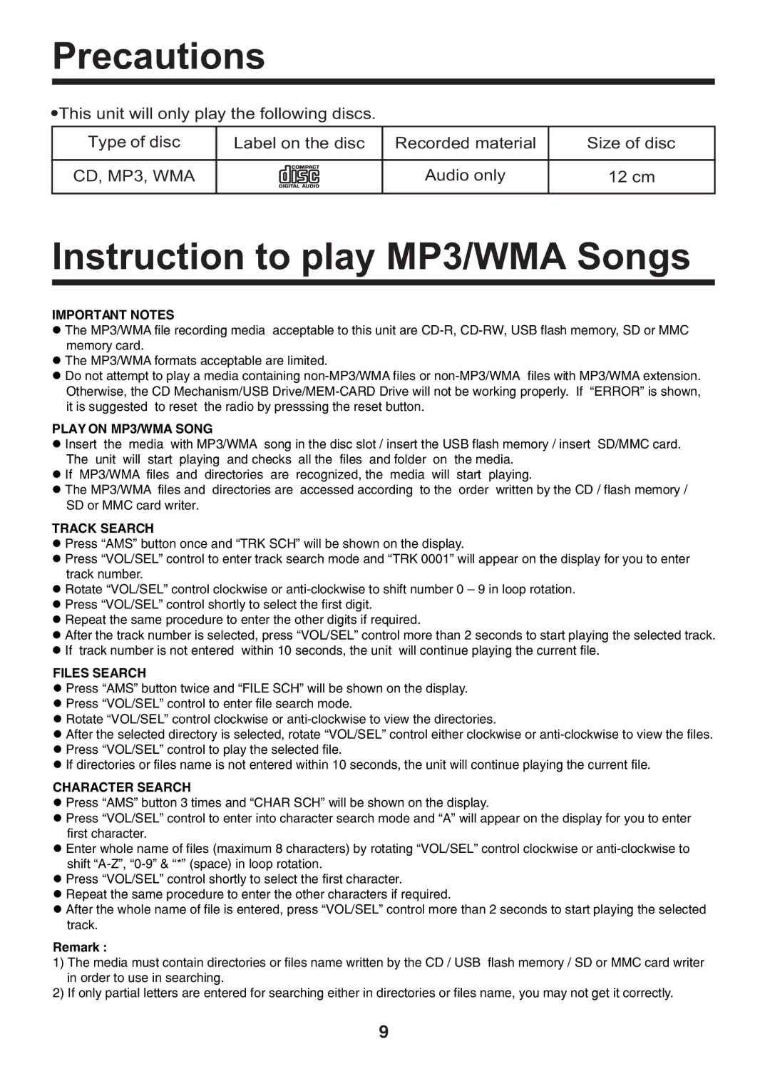 Nextar N CU 160 instruction manual Precautions, Instruction to play MP3/WMA Songs 