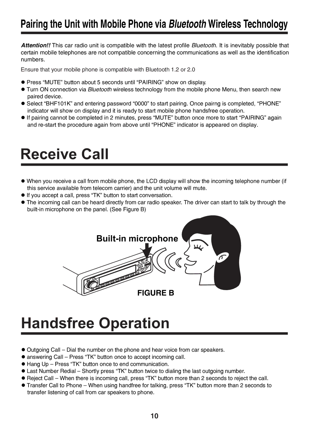 Nextar N CU 160 instruction manual Receive Call, Handsfree Operation 