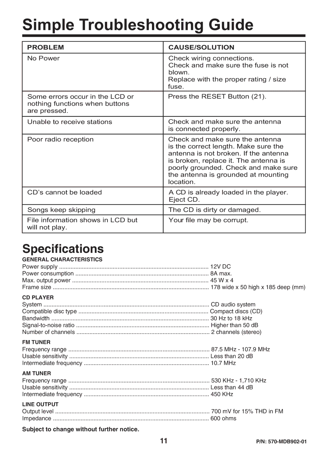 Nextar N CU 160 Simple Troubleshooting Guide, Problem, Cause/Solution, Subject to change without further notice 