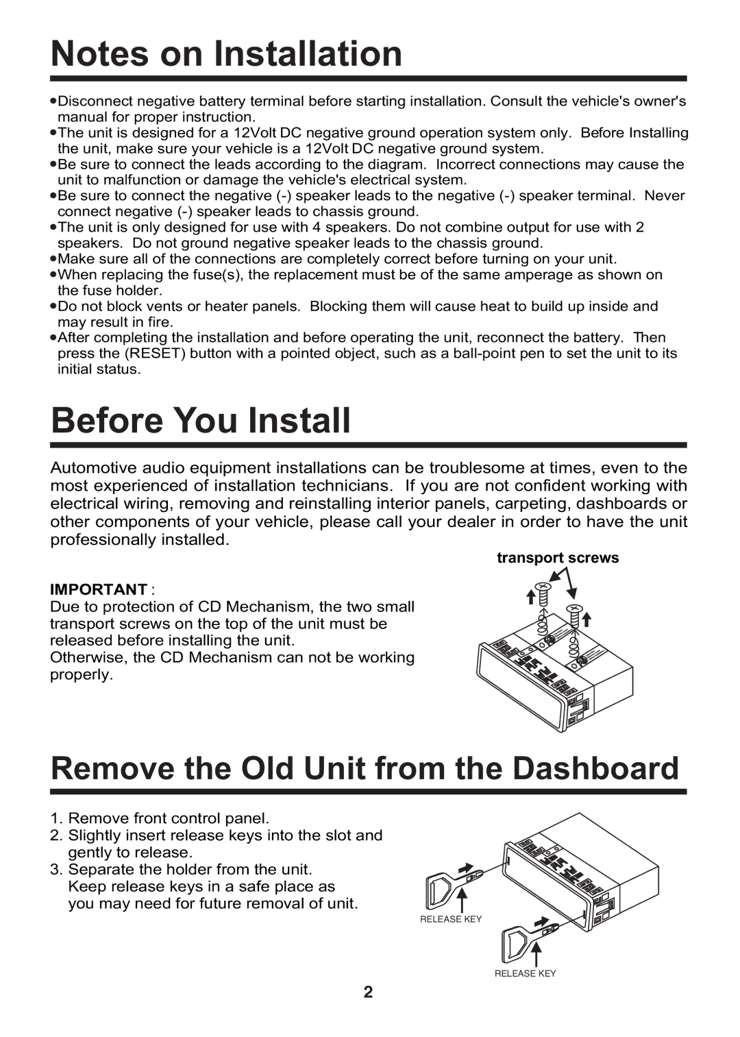 Nextar N CU 160 instruction manual Before You Install, Transport screws 