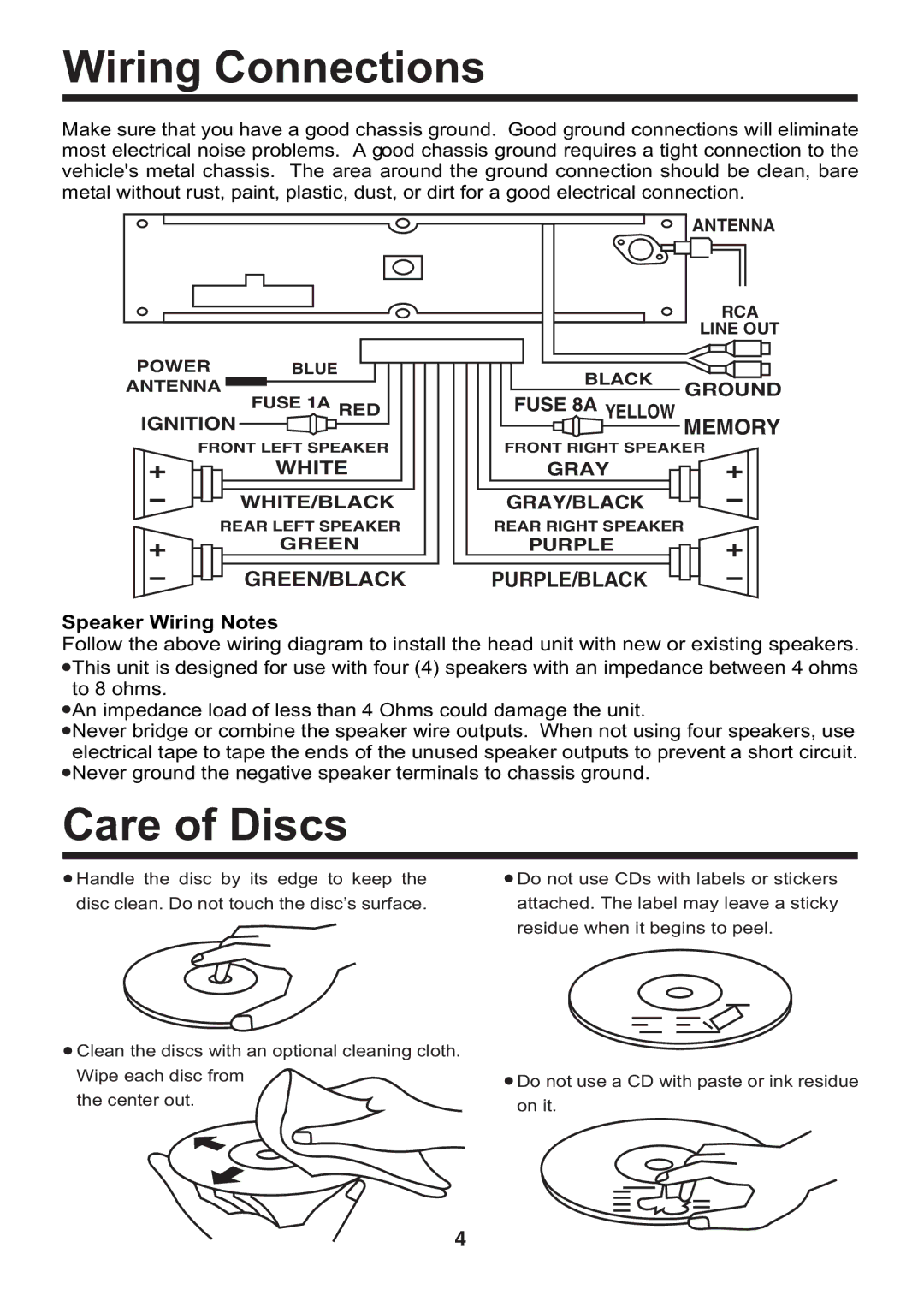 Nextar N CU 160 instruction manual Wiring Connections, Care of Discs 