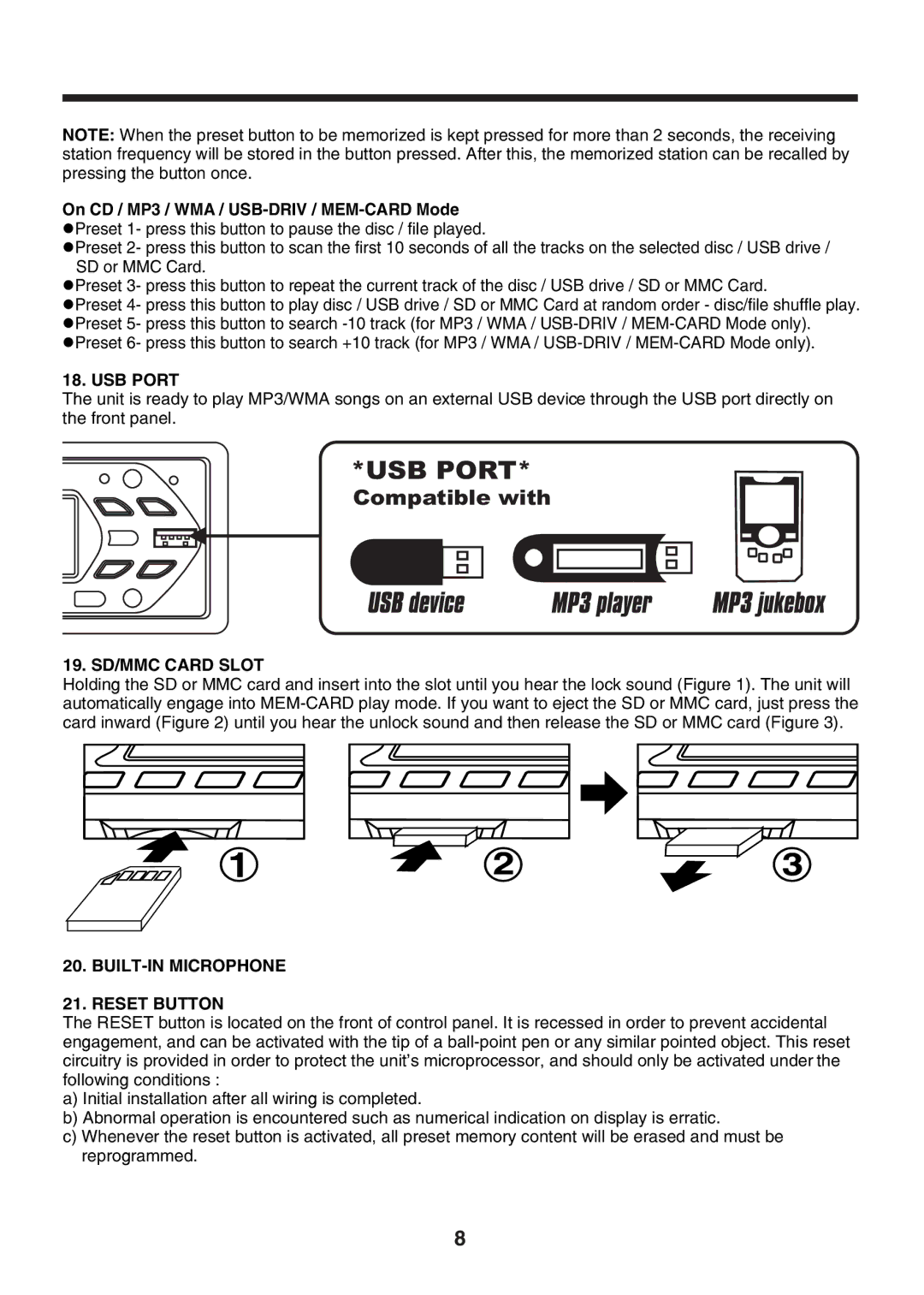 Nextar N CU 160 instruction manual USB Port, 19. SD/MMC Card Slot, BUILT-IN Microphone Reset Button 