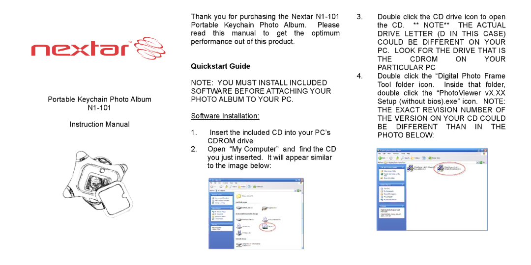 Nextar N1-101 instruction manual Quickstart Guide, Software Before Attaching Your, Cdrom on Your Particular PC 