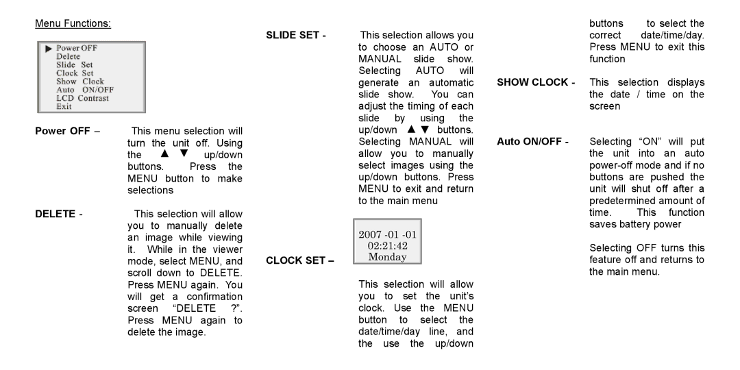 Nextar N1-101 instruction manual Power OFF, Menu, Delete, Clock SET 