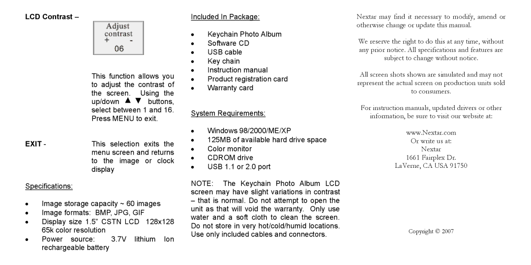 Nextar N1-101 instruction manual LCD Contrast, Exit 