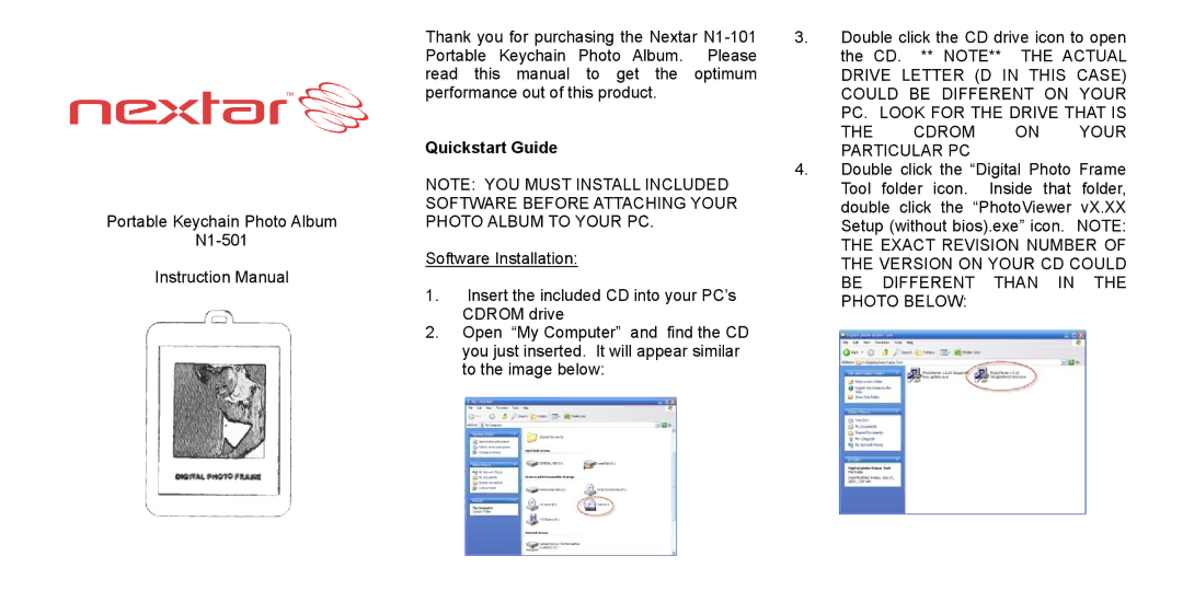 Nextar N1-501 instruction manual Quickstart Guide, Software Before Attaching Your, Cdrom on Your Particular PC 