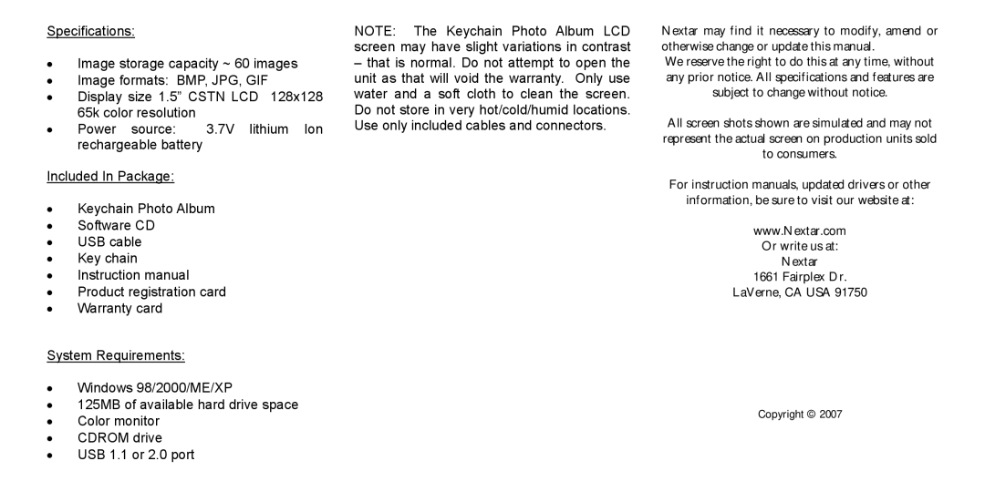 Nextar N1-501 instruction manual Copyright 