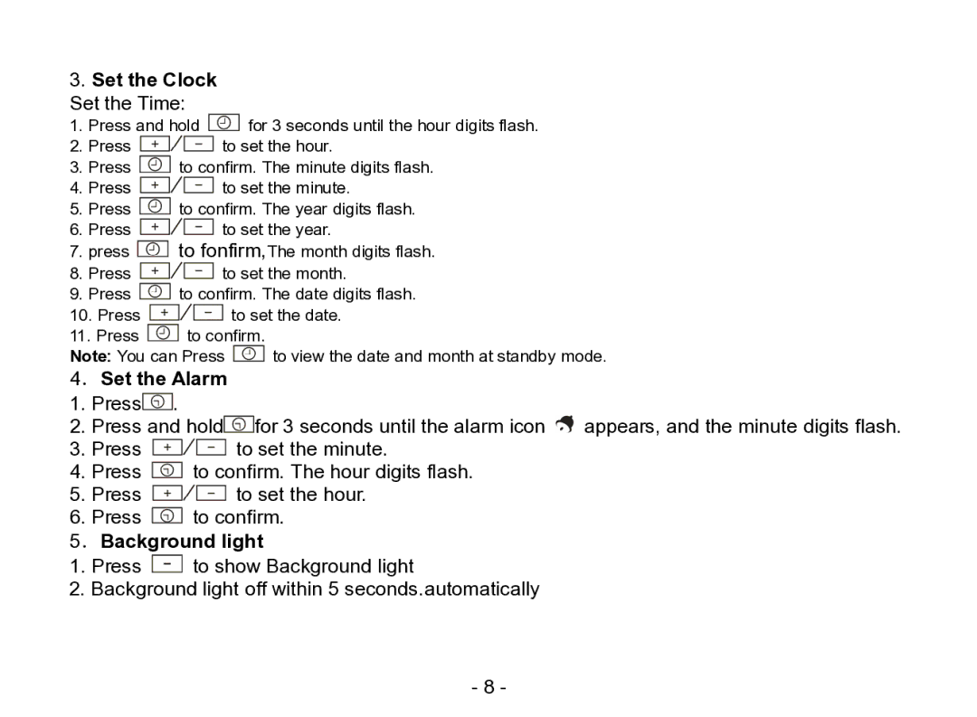 Nextar N1-504 manual Set the Clock Set the Time, ．Set the Alarm, ．Background light 