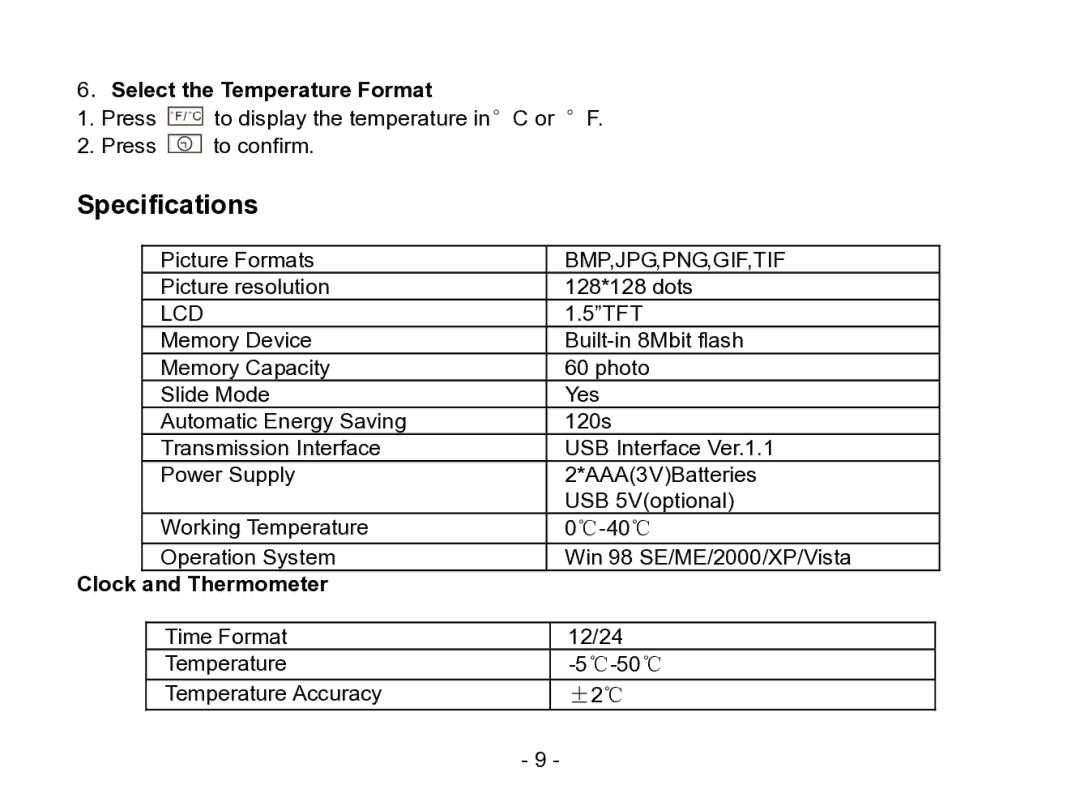 Nextar N1-504 manual ．Select the Temperature Format, Clock, Thermometer 