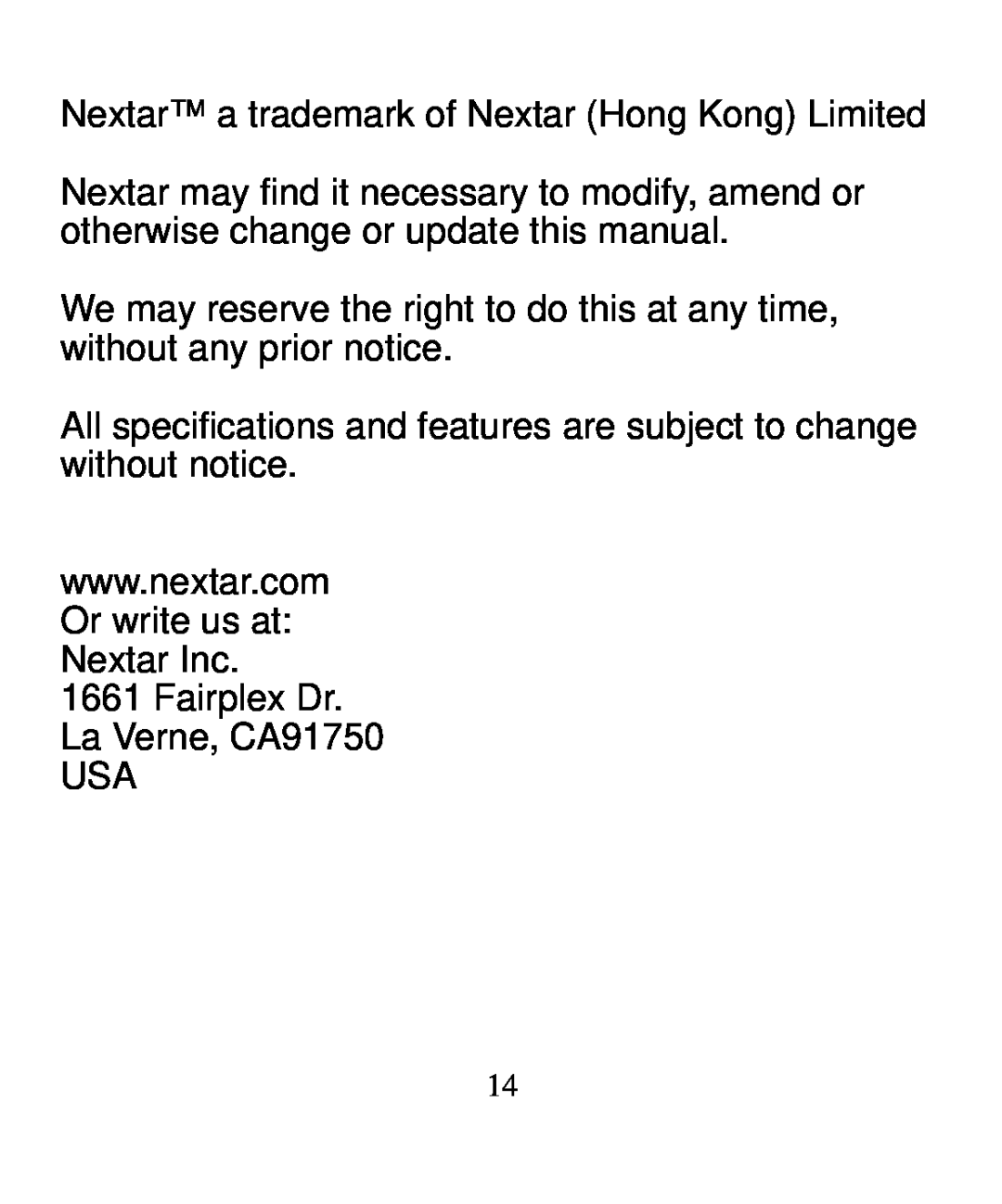 Nextar N3-502 user manual Nextar a trademark of Nextar Hong Kong Limited, Fairplex Dr. La Verne, CA91750 USA 
