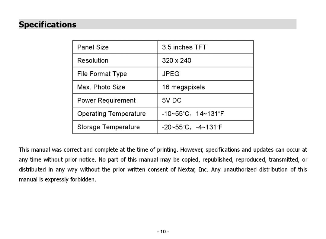 Nextar N3-504 manual Specifications, 5V DC 