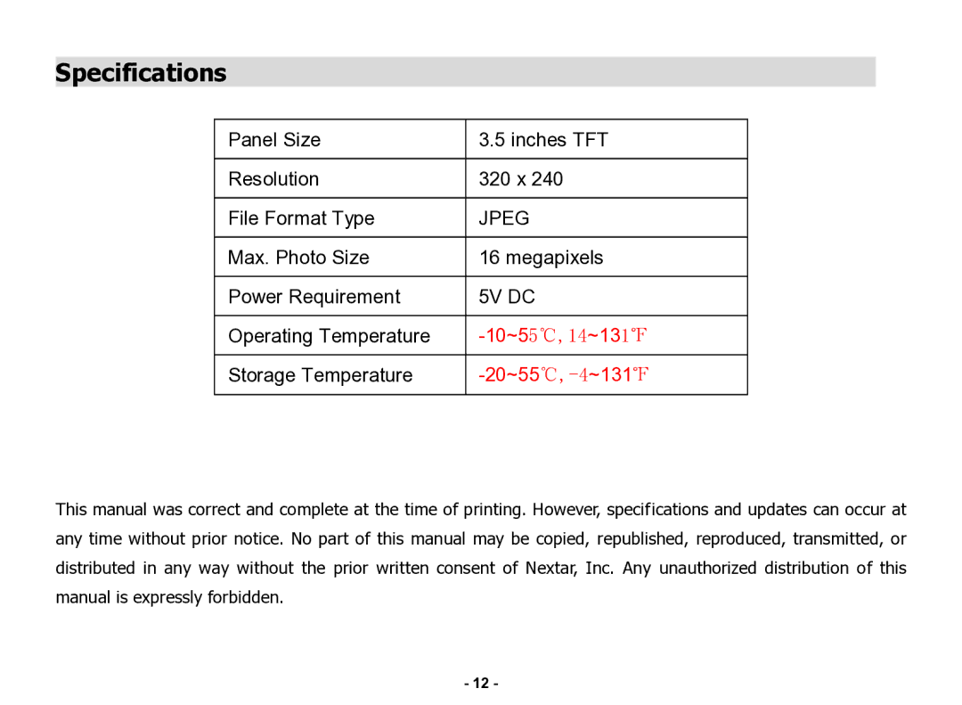 Nextar N3-505 manual Specifications, 5V DC 