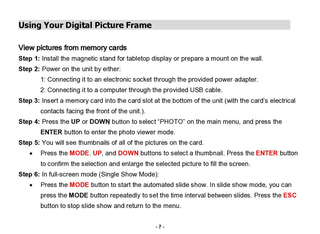 Nextar N3-505 manual Using Your Digital Picture Frame, View pictures from memory cards 