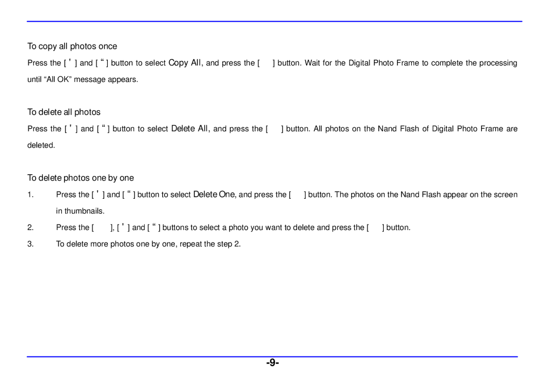 Nextar N3-507 manual To copy all photos once, To delete all photos, To delete photos one by one 