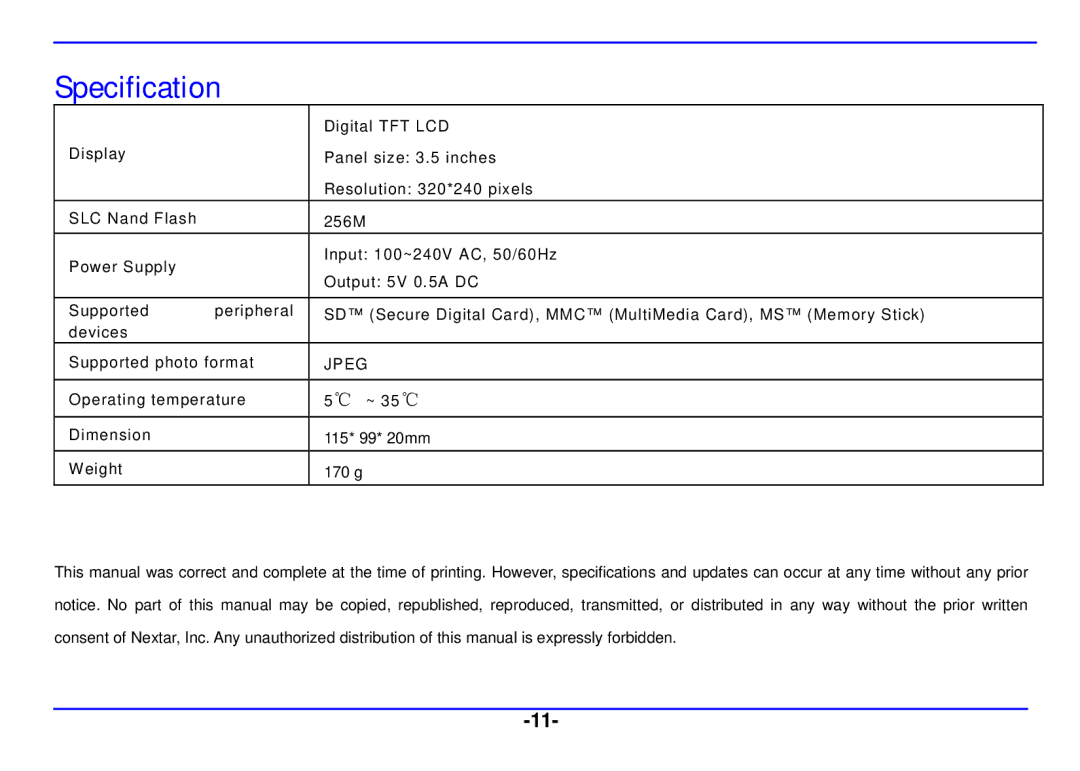 Nextar N3-507 manual Specification, Jpeg 