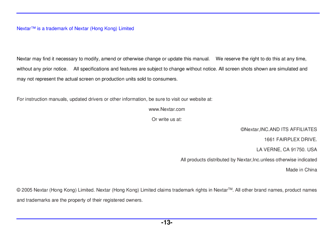 Nextar N3-507 manual Nextar is a trademark of Nextar Hong Kong Limited 