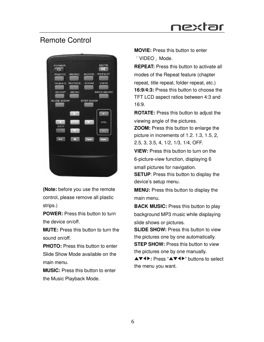 Nextar N7-102 user manual Remote Control 