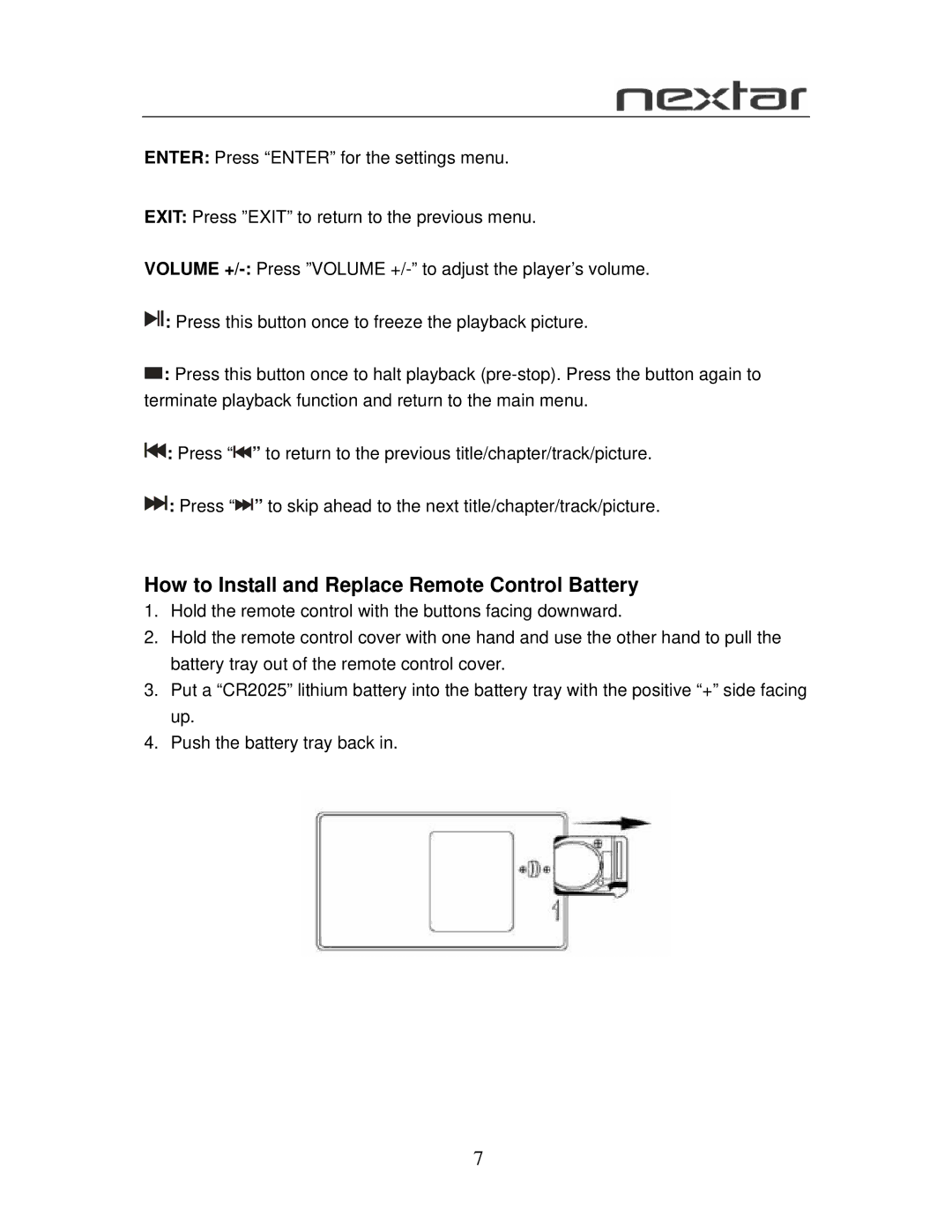 Nextar N7-102 user manual How to Install and Replace Remote Control Battery 