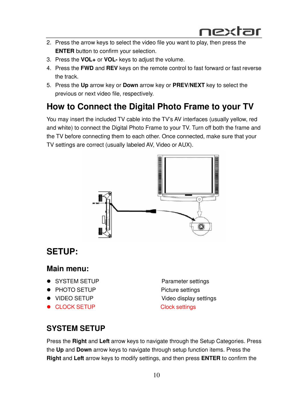 Nextar N7-105 user manual How to Connect the Digital Photo Frame to your TV, Main menu 