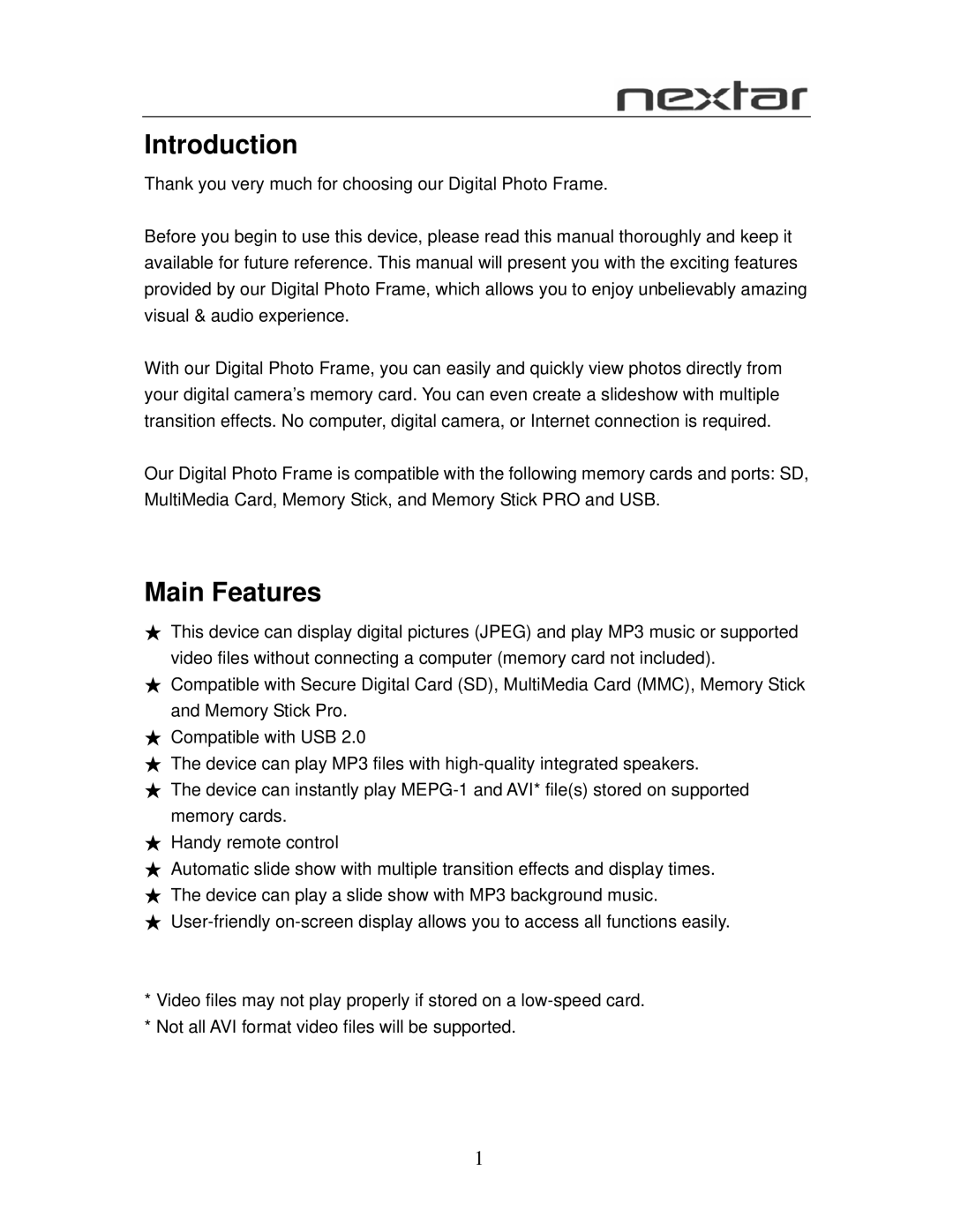 Nextar N7-105 user manual Introduction, Main Features 