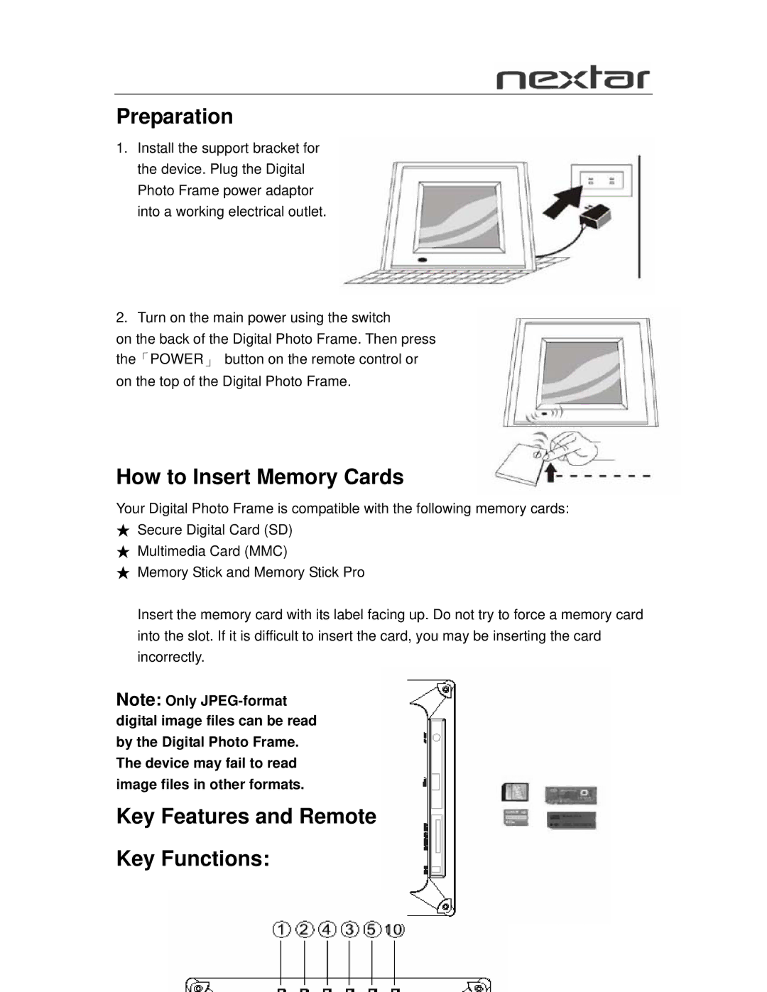 Nextar N7-105 user manual Preparation, How to Insert Memory Cards, Key Features and Remote Control Key Functions 