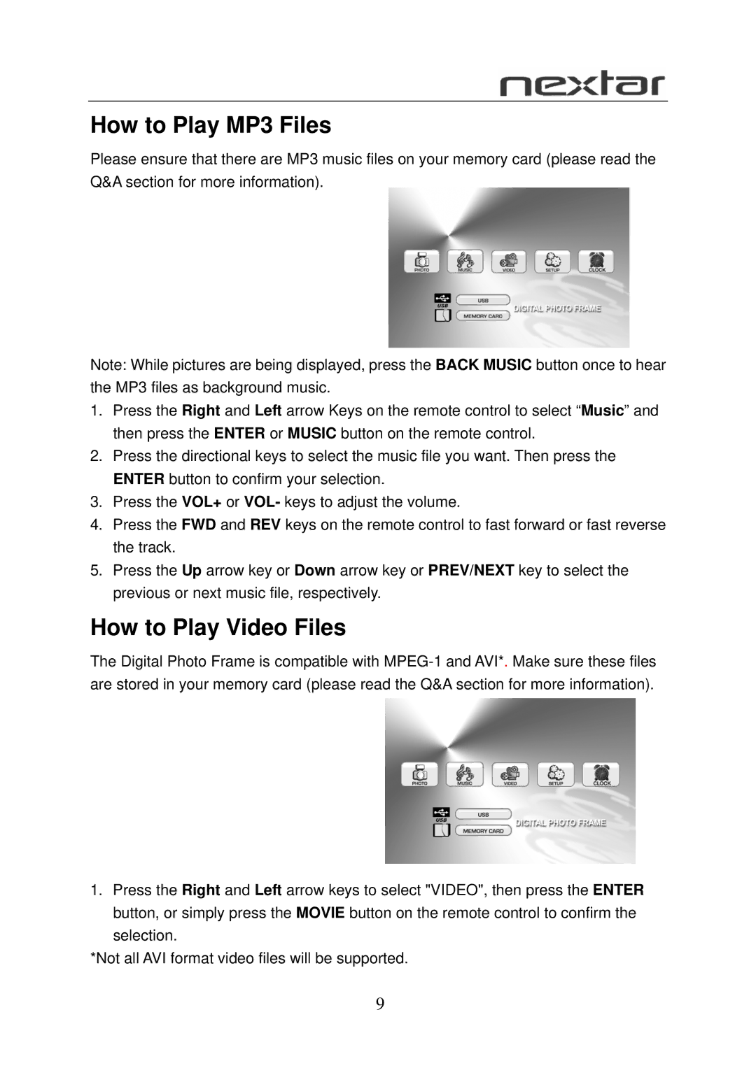 Nextar N7-108 user manual How to Play MP3 Files, How to Play Video Files 