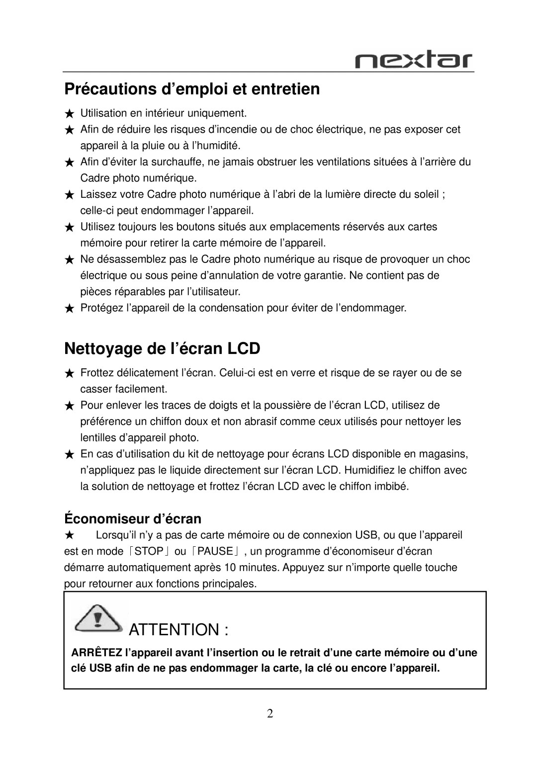 Nextar N7-108 user manual Précautions d’emploi et entretien, Nettoyage de l’écran LCD 