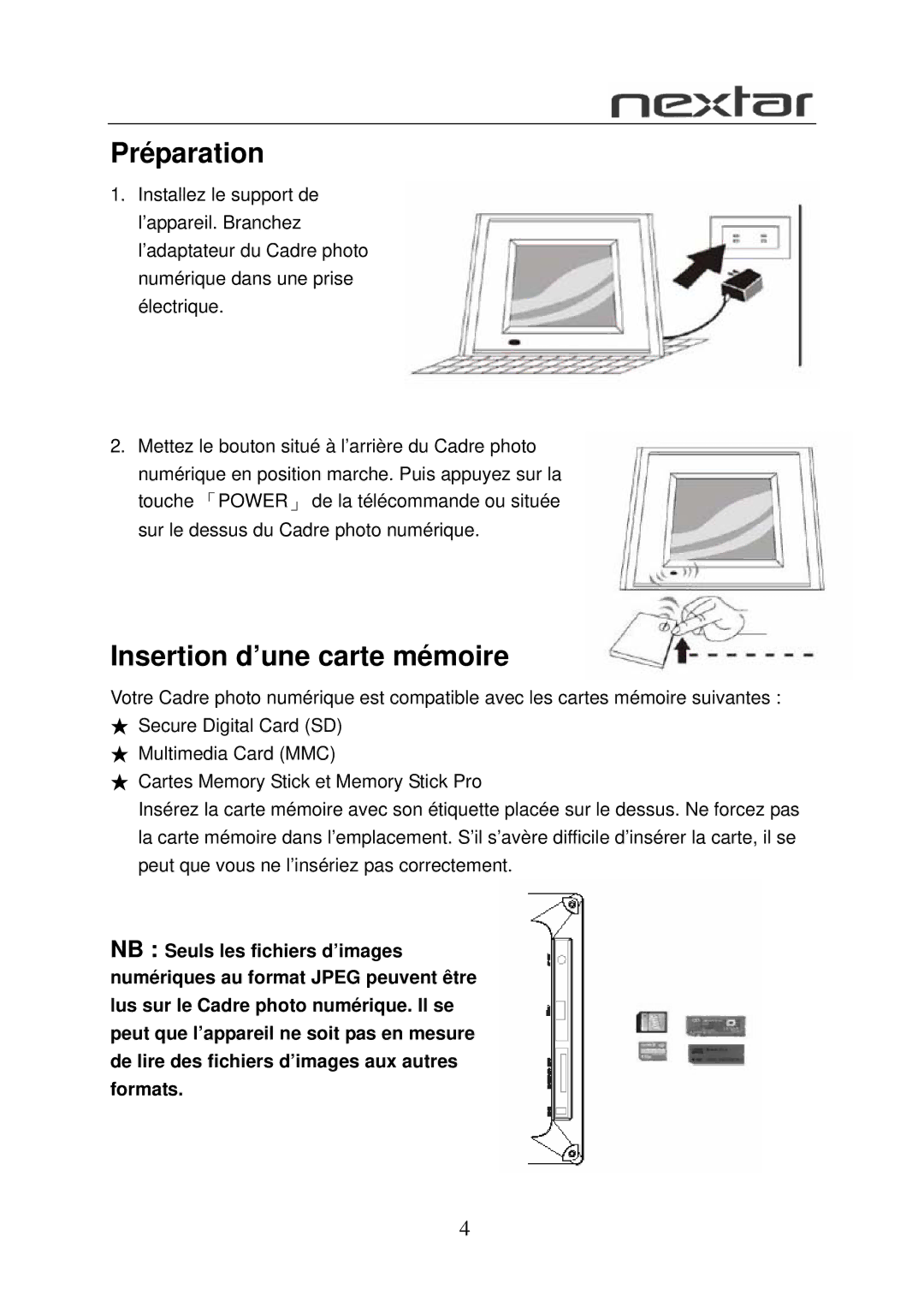 Nextar N7-108 user manual Préparation, Insertion d’une carte mémoire 