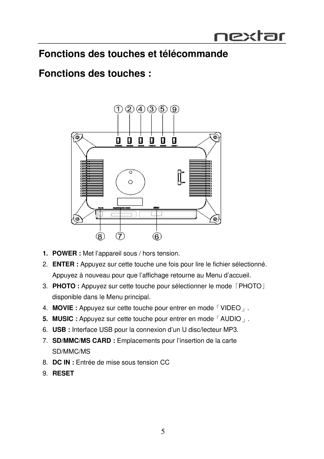 Nextar N7-108 user manual Fonctions des touches et télécommande 