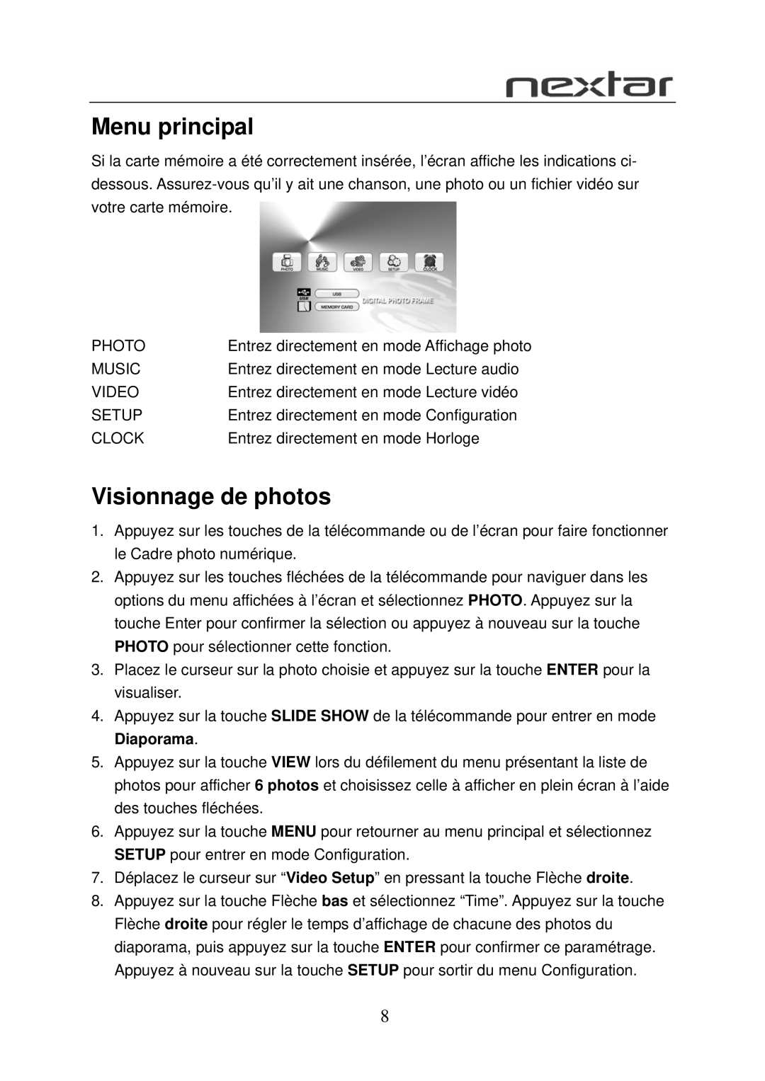 Nextar N7-108 user manual Menu principal, Visionnage de photos 