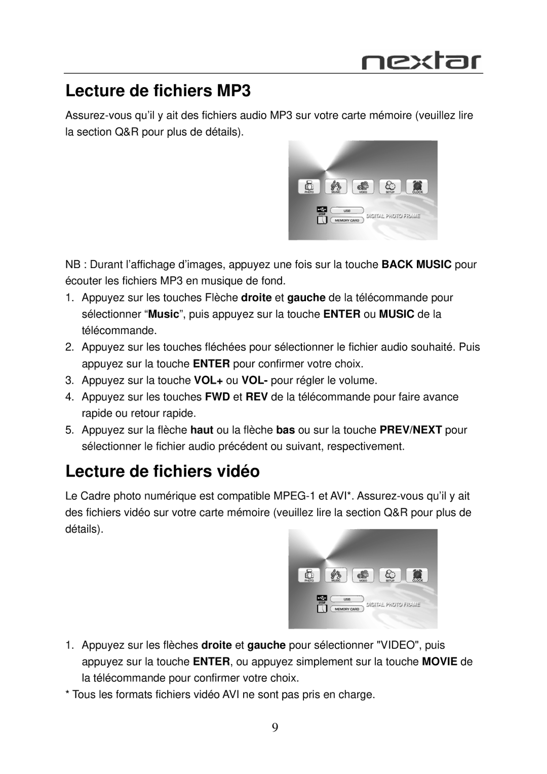 Nextar N7-108 user manual Lecture de fichiers MP3, Lecture de fichiers vidéo 