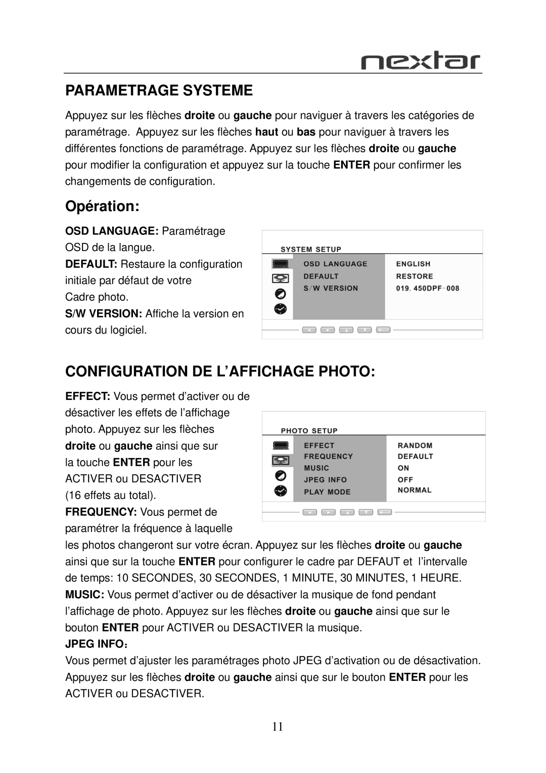 Nextar N7-108 user manual Parametrage Systeme, Opération, Configuration DE L’AFFICHAGE Photo 